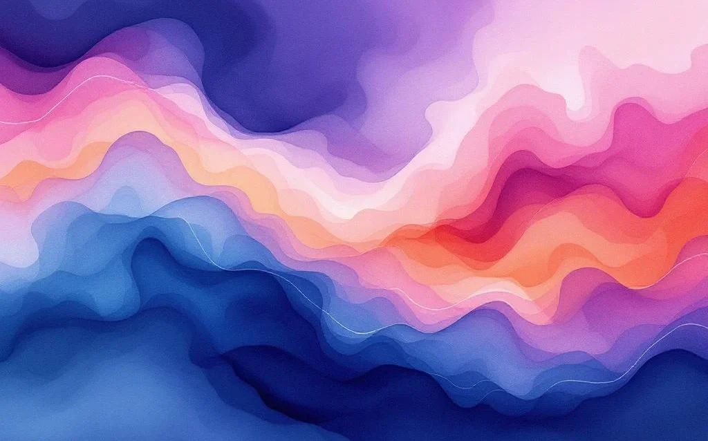 Abstraktes Aquarell mit fließenden Farbverläufen von Ozeanblau zu Lila, Bernstein und Koralle in organischen Formen