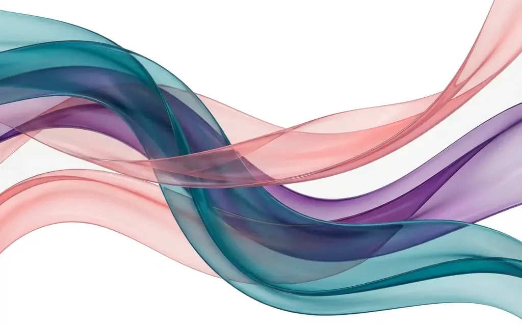 Fließende transparente Bänder in Türkis, Lila und Koralle mit eleganten Kurven auf weißem Hintergrund