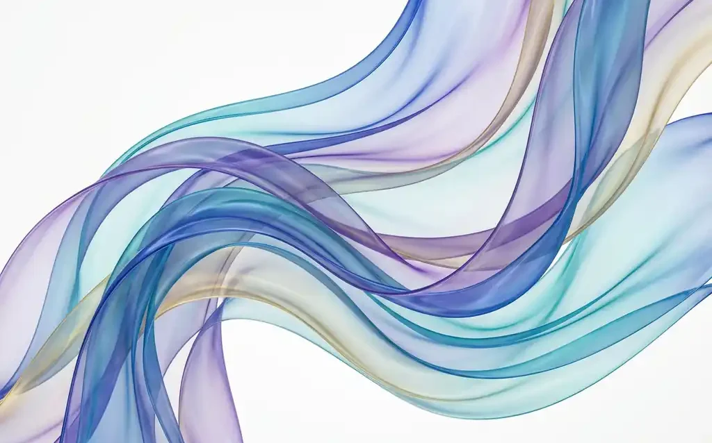 Fließende transparente Bänder in Blau, Türkis und Lila auf weißem Hintergrund, digitale abstrakte Kunst