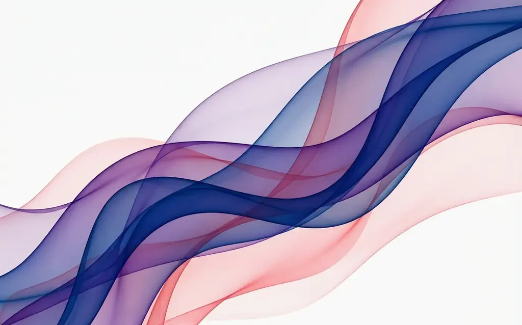 Abstrakte fließende Bänder in Saphirblau, Violett und Korallenrosa auf weißem Hintergrund mit transparenten Schichten
