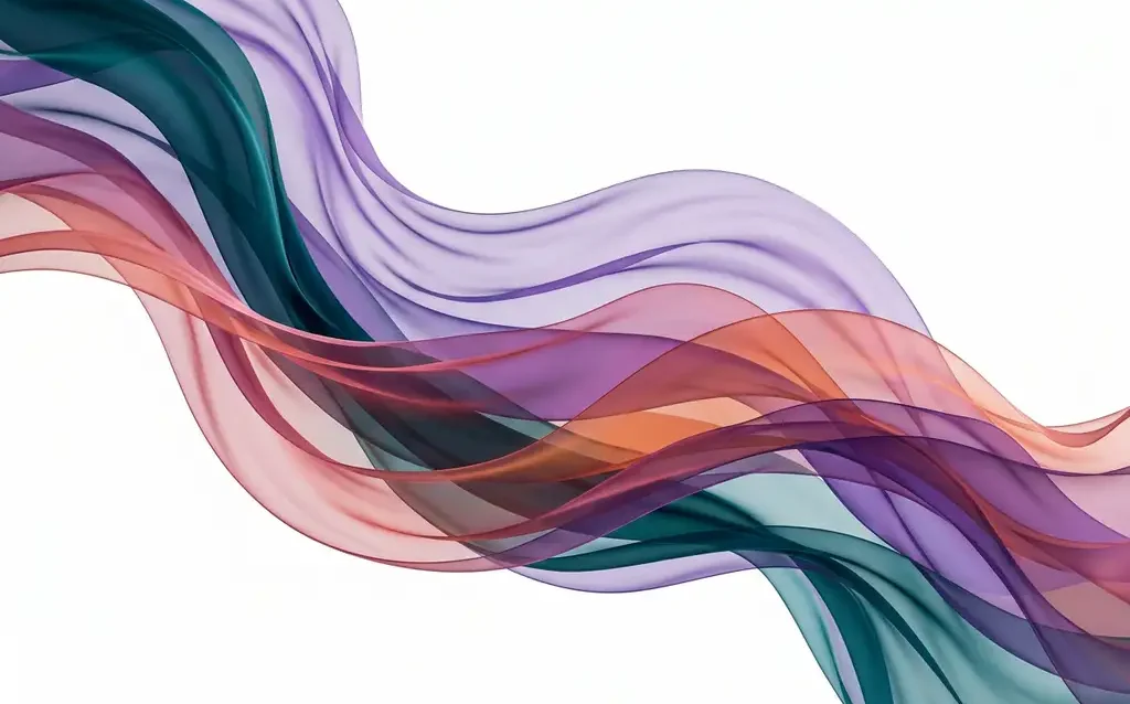 Transparente Seidenbänder in Petrol, Violett und Rosé in fließenden Wellen auf weißem Hintergrund.