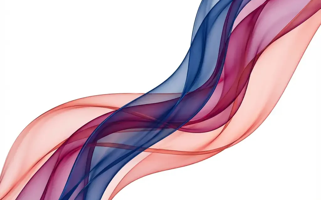 Abstrakte digitale Kunst mit transparenten Bändern in Blau, Magenta und Koralle auf weißem Hintergrund