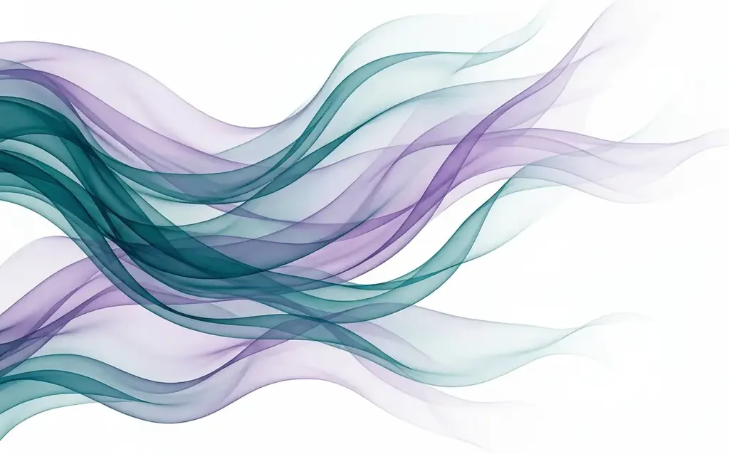 Transparente Teal- und Violettbänder lösen sich in weißen Raum auf, fließende Kurven verblassen sanft in ruhige Stille.