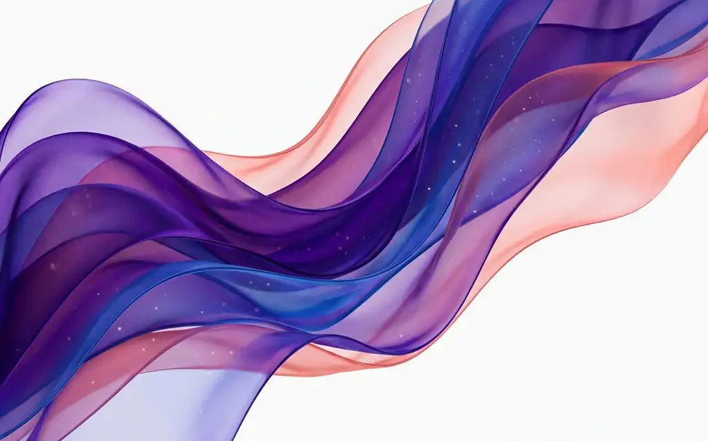 Transluzente Bänder in Violett, Blau und Koralle fließen wellenförmig auf weißem Hintergrund, abstrakte Datenvisualisierung