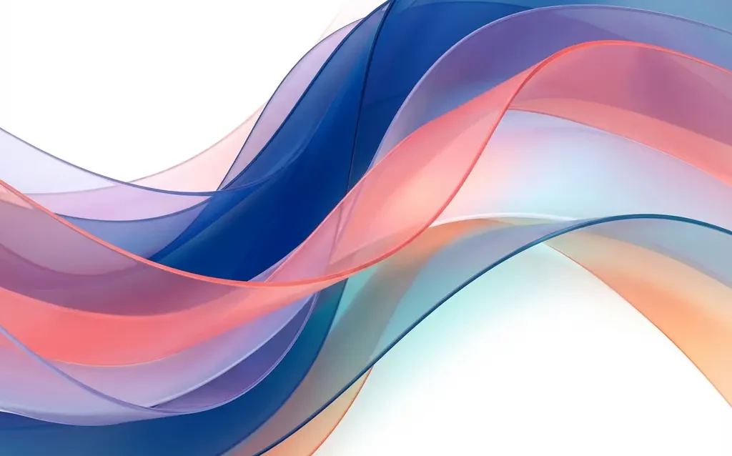 Abstrakte fließende Bänder in Blau, Koralle und Lila auf weißem Hintergrund, digitale Kunstwerk mit Farbverläufen