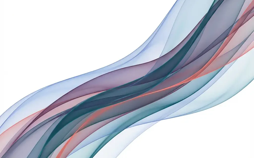 Fließende transluzente Farbbänder in Blau, Türkis und Lila mit Koralltönen auf weißem Hintergrund