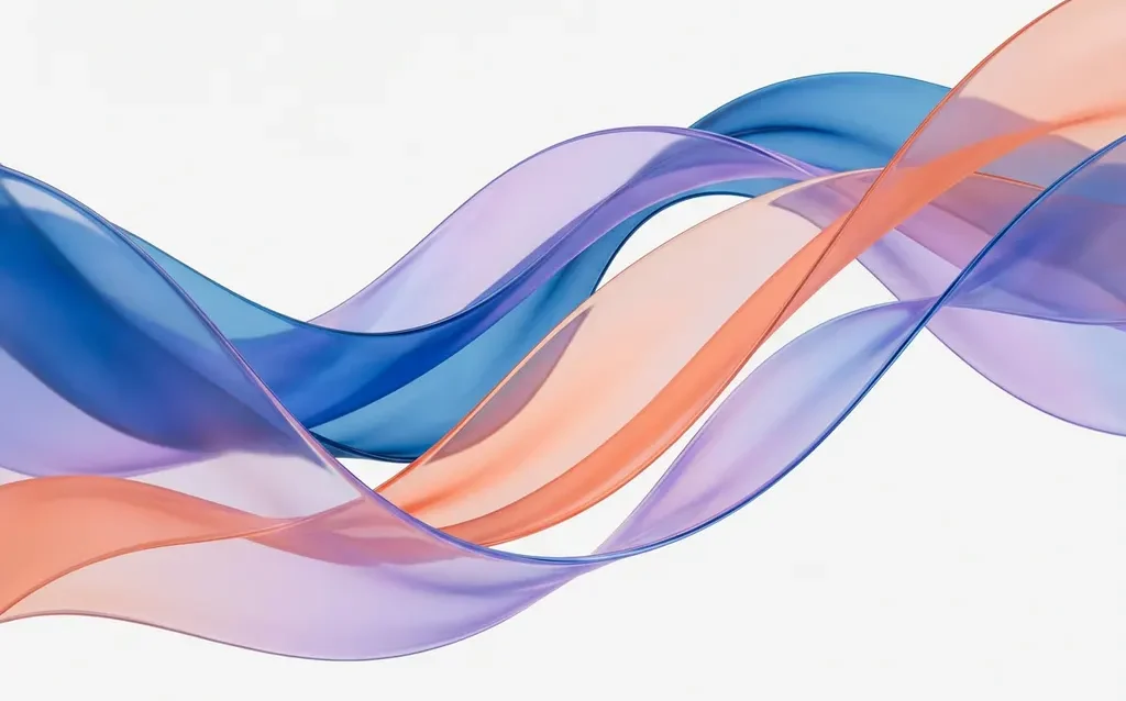 Fließende transparente Bänder in Azurblau, Violett und Korallorange auf weißem Hintergrund mit sanften organischen Kurven