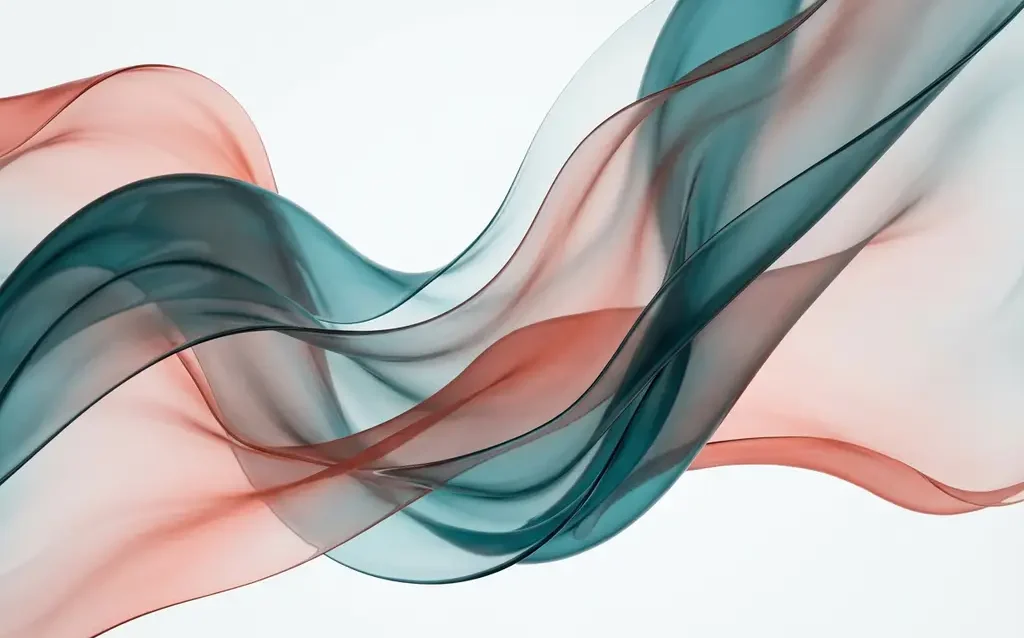 Abstrakti taideteos: läpikuultavia syvänsinisiä ja korallipunaisia nauhoja valkoisella taustalla, liukuvärejä ja syvyyttä