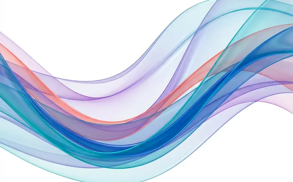 Abstrakti taideteos läpikuultavista sinisistä, turkooseista ja korallinsävyisistä nauhoista valkoisella taustalla