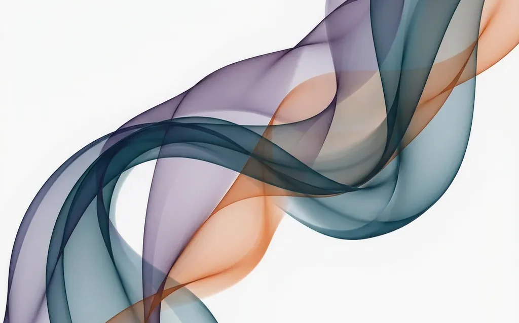 Abstraktit läpikuultavat nauhat sinivihreänä, violettina ja korallinpunaisena virtaavat valkoisella taustalla.