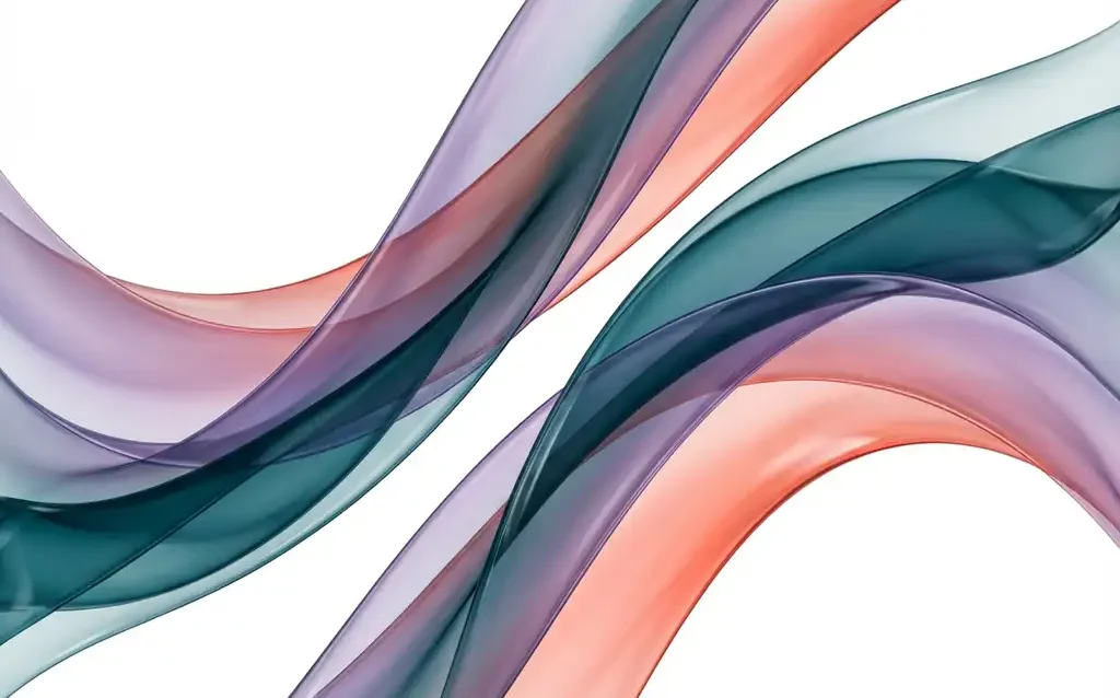 Abstrakti taideteos: läpikuultavia sinivihreän, violetin ja korallin värisiä nauhamaisia muotoja valkoisella taustalla