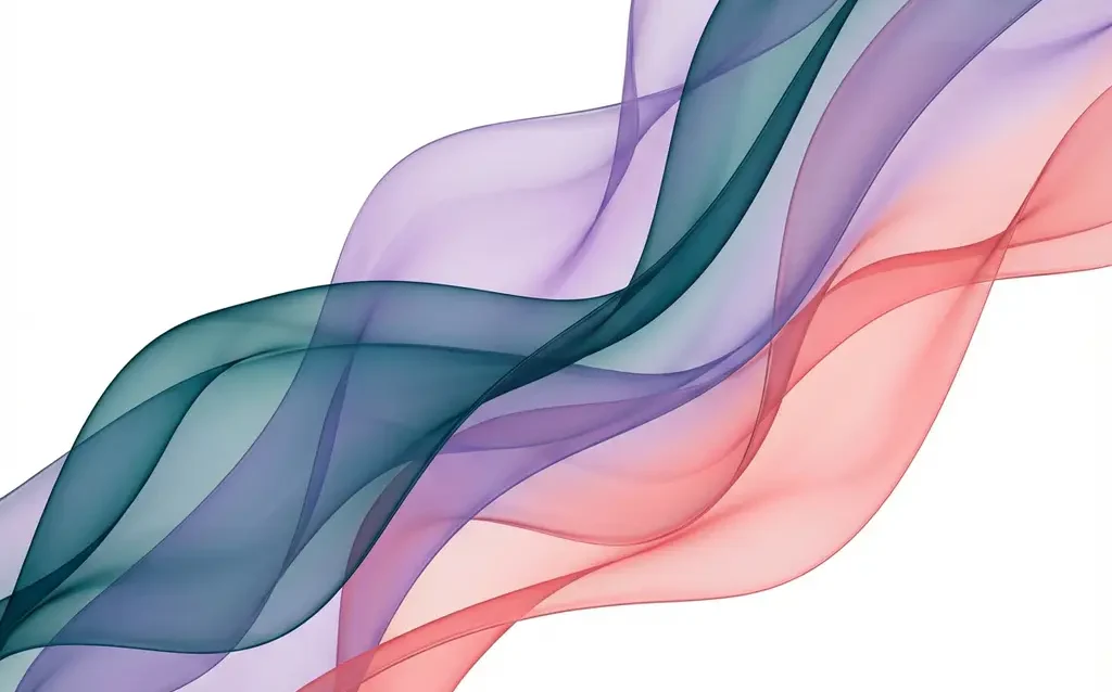 Abstrakti digitaalitaide läpikuultavista nauhoista syvänsinisellä, violetilla ja korallipunaisella väriliukuväreillä