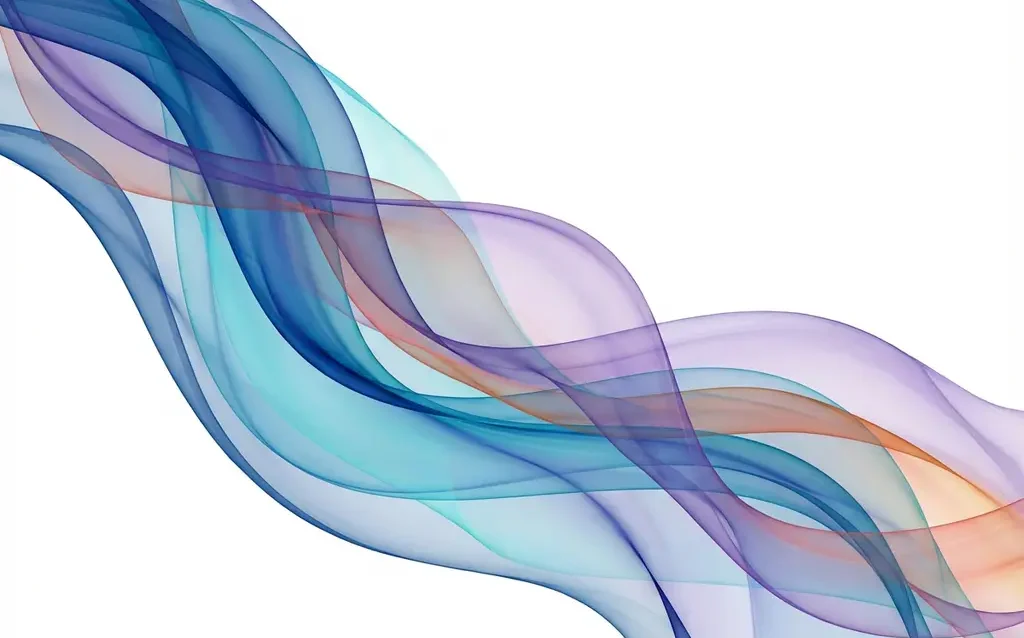Abstrakti taideteos virtaavista läpikuultavista nauhoista sinisillä, turkooseilla ja violeteilla sävyillä valkoisella taustalla