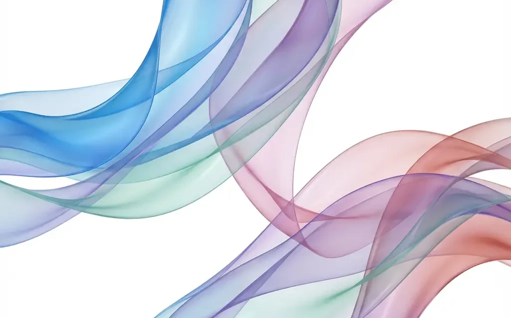 Abstrakti taideteos: virtaavia läpikuultavia nauhoja sinisessä, turkoosissa ja violetissa sävyissä valkoisella taustalla.