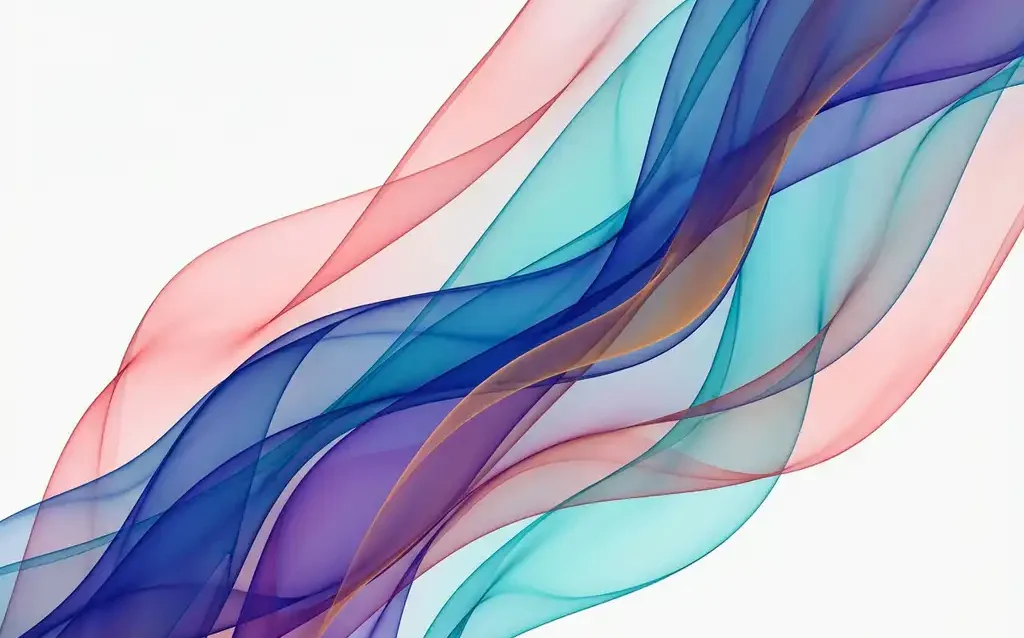 Abstrakti digitaalitaide, jossa läpikuultavia sinisiä, turkooseja ja korallinvärisiä nauhoja valkoista taustaa vasten.
