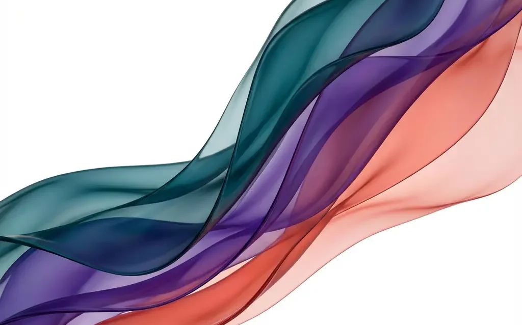 Abstrakti digitaalinen taideteos, jossa läpikuultavia nauhamaisia muotoja turkoosina, violettina ja korallinpunaisena valkoisella taustalla.