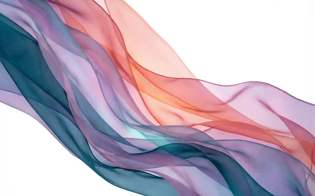 Kerrokselliset läpikuultavat nauhat sinivihreänä, violettina ja korallina virtaavat diagonaalisesti valkoisella taustalla.
