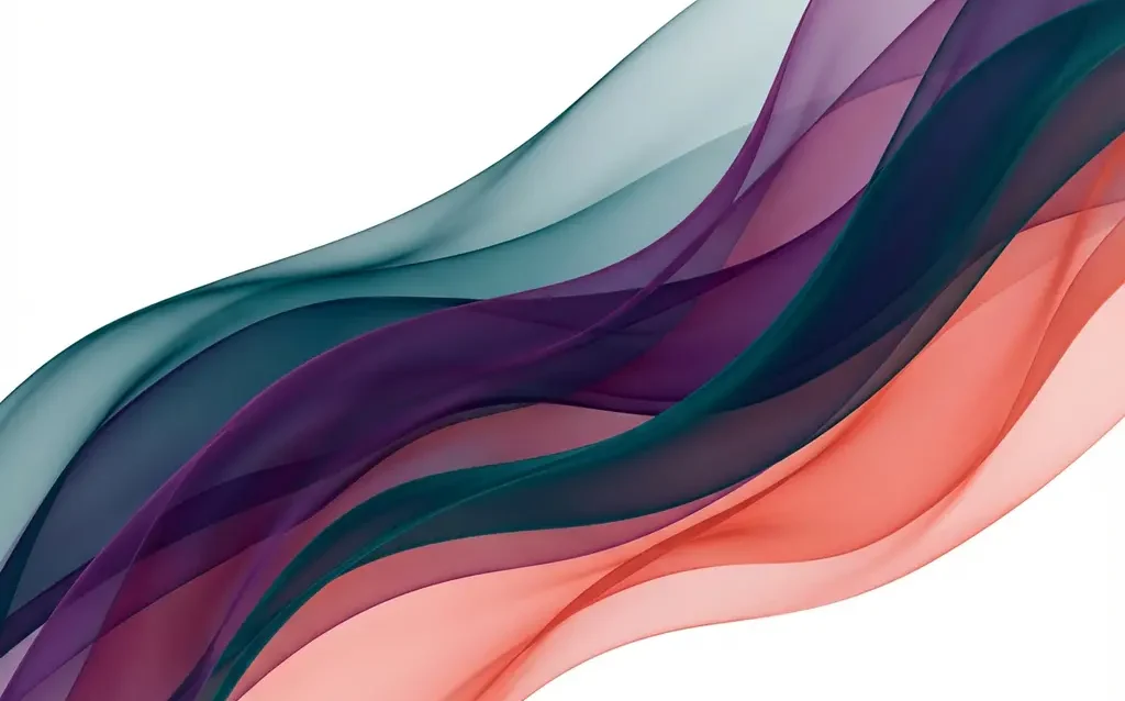 Abstrakti digitaalitaide, jossa kerrostetut läpikuultavat nauhat turkoosina, violettina ja korallinpunaisena valkoisella taustalla.