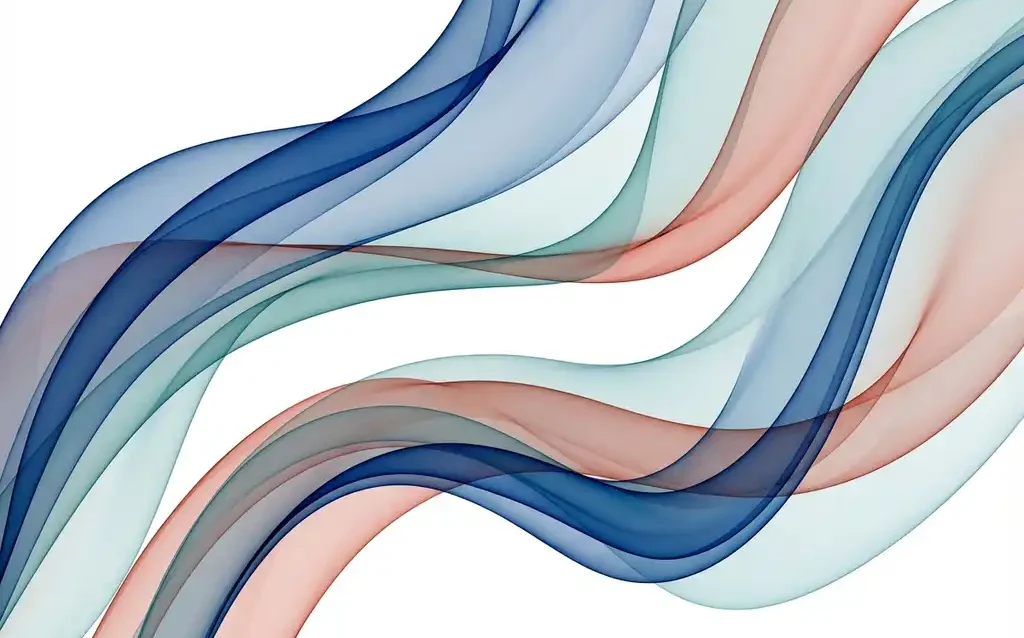 Läpikuultavat siniset, turkoosit ja korallinväriset nauhat muodostavat kerroksellisen abstraktin sommitelman valkoisella taustalla.