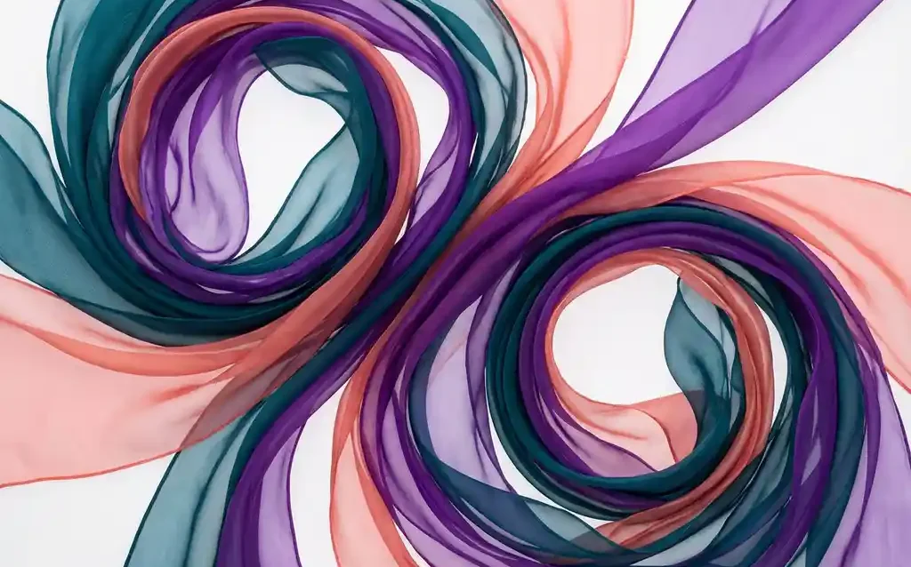 Abstraktit aaltoilevat nauhat syaanin, violetin ja korallin sävyissä valkoisella taustalla, digitaalinen taide