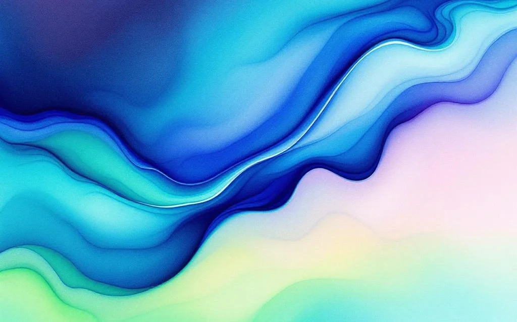 Abstrakti vesivärimaalaus syvänsinisistä sävyistä turkoosiin ja vihreään virtaavilla liukuvärjäyksillä