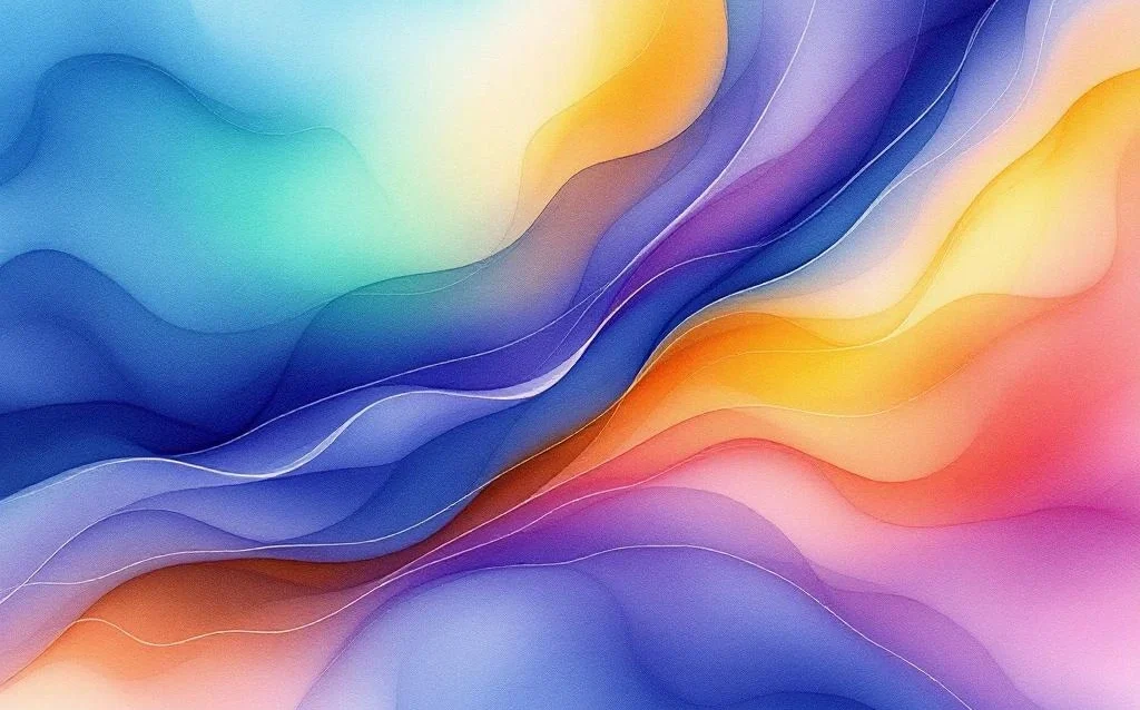 Abstrakti vesivärimaalaus syvänsinisistä ja violeteista sävyistä, jotka sulautuvat turkoosiin ja kultaisiin väreihin