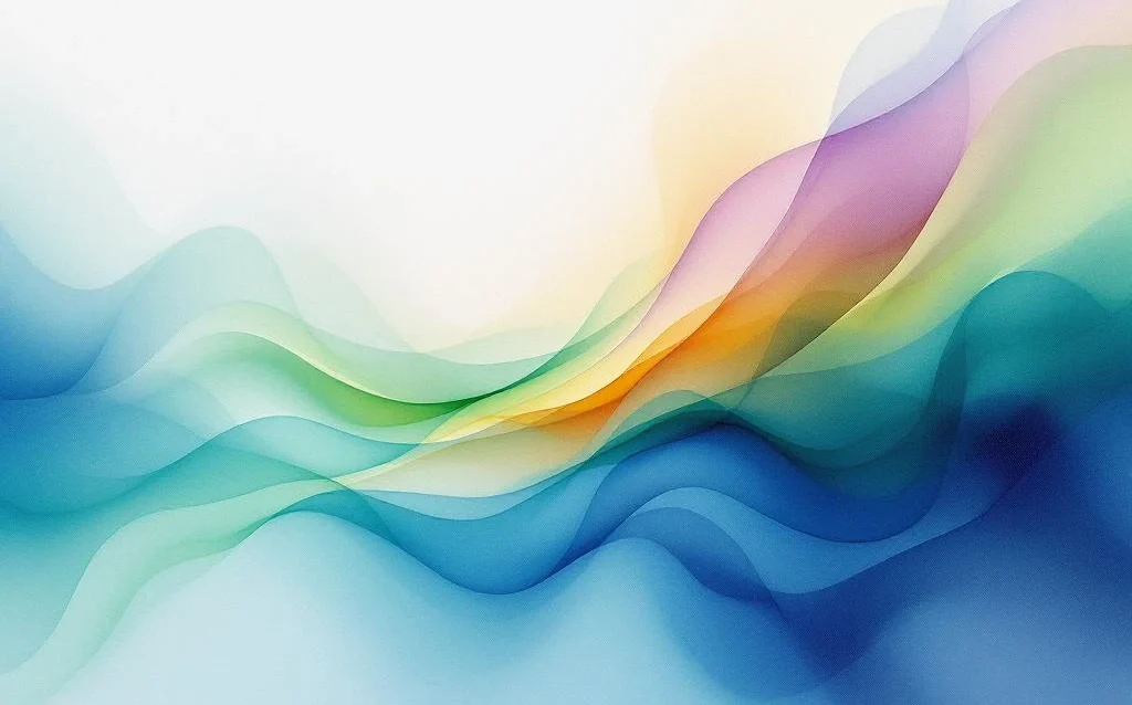 Abstrakti vesivärimaalaus syvänsinisistä ja vihreistä sävyistä, jotka virtaavat kullanruskeaan ja violettiin