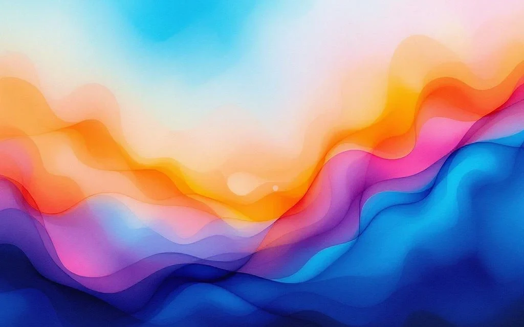 Abstrakti vesivärimaalaus syvänsinisistä sävyistä turkoosiin ja vihreään, oransseilla ja violeteilla yksityiskohdilla