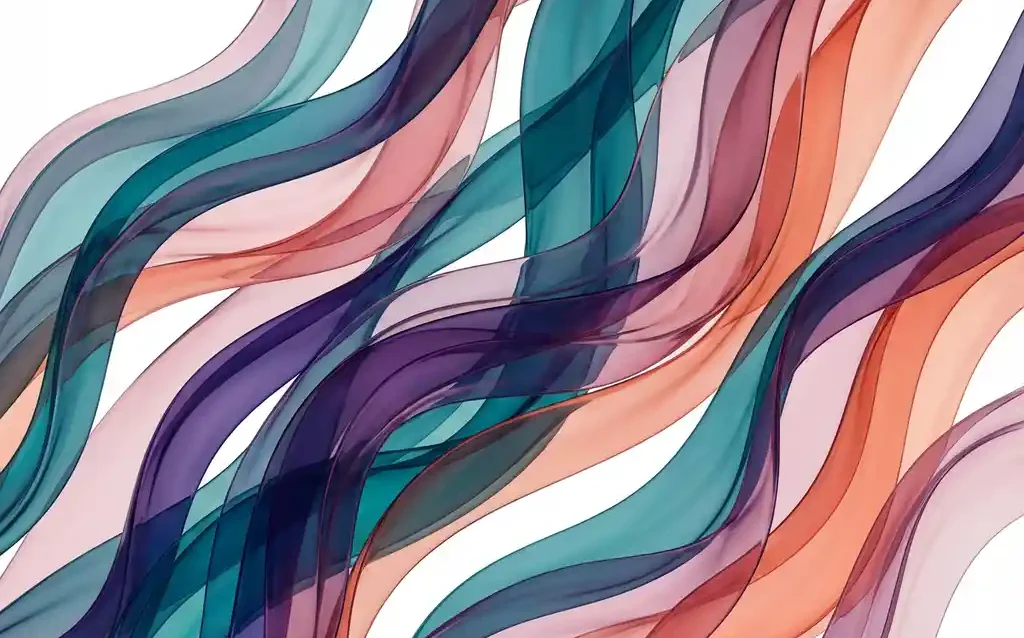 Abstrakti digitaalinen taideteos, jossa virtaavia läpikuultavia nauhoja tealin, violetin, pinkin ja korallin sävyissä.