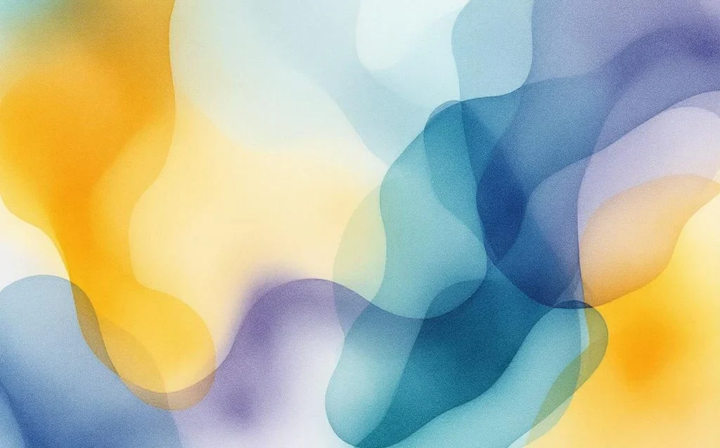 Abstrakte Aquarellmalerei mit fließenden Farbverläufen von tiefem Blau und Türkis zu warmem Gold und Orange