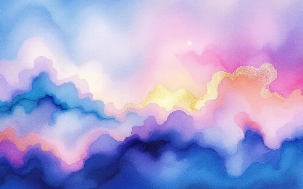 Abstraktes Aquarellgemälde mit fließenden blauen, violetten und türkisen Farbtönen in organischen Schichten