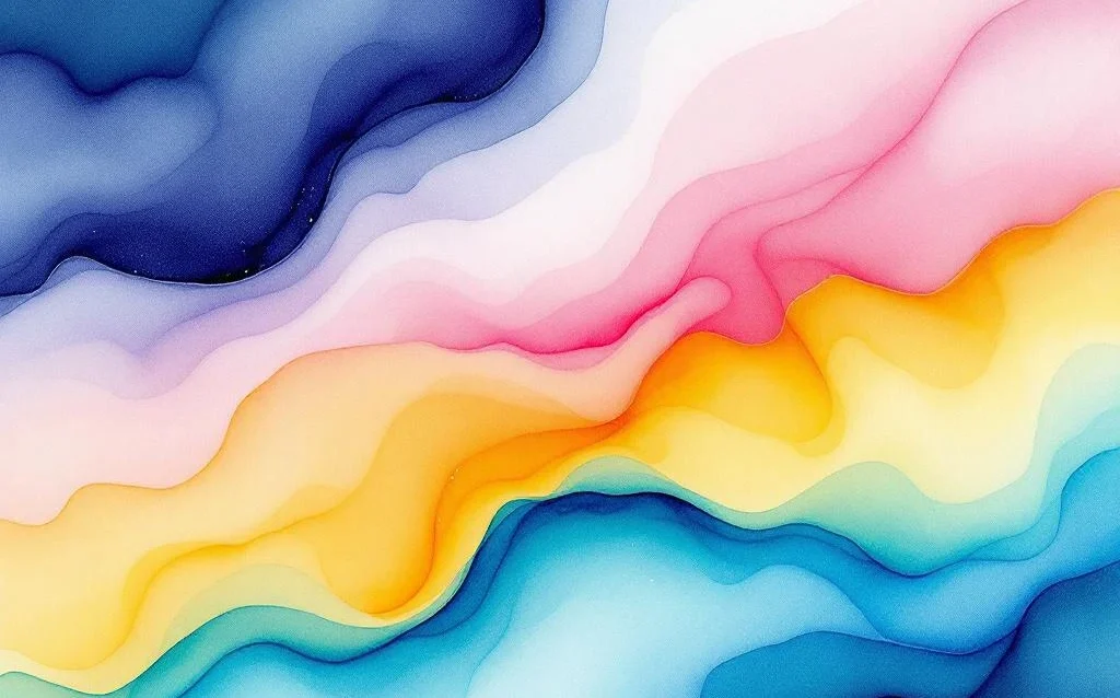 Abstrakte Aquarellmalerei mit fließenden Farbverläufen in Blau, Türkis, Lila, Korallrosa und Gold in diagonaler Komposition.