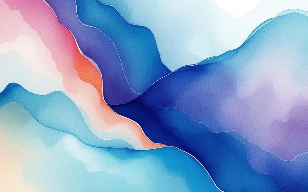 Abstrakte minimalistische Aquarellmalerei mit fließenden Farbverläufen von Blau zu Türkis, Lila und Korallrosa