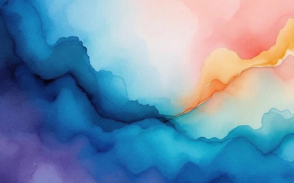 Abstrakte minimalistische Aquarellmalerei mit fließenden Farbverläufen von tiefem Blau zu Türkis und sanftem Lila