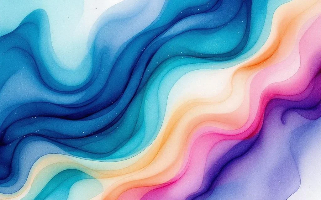 Abstrakte Aquarellmalerei mit fließenden Farbverläufen von Blau zu Türkis, Lila und Korallenrosa in minimalistischem Stil.
