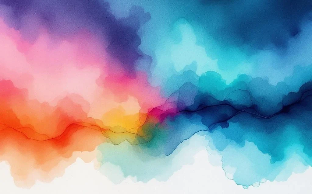 Abstrakte minimalistische Aquarellmalerei mit fließenden Farbverläufen von Blau zu Türkis, Lila, Korallrosa und Bernstein