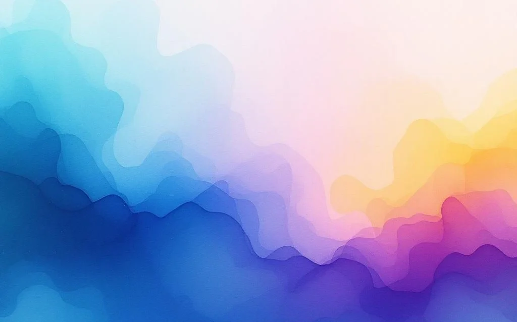 Abstrakte Aquarell-Komposition mit fließenden Farbverläufen von Ozeanblau zu Lila, Smaragdgrün und Bernsteingelb