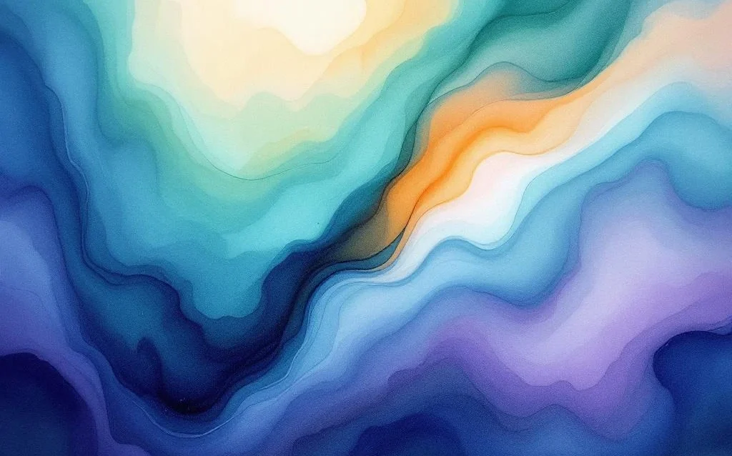 Abstraktes Aquarell mit fließenden Farbverläufen von Marineblau zu Türkis, Lila und Bernstein auf weißem Grund