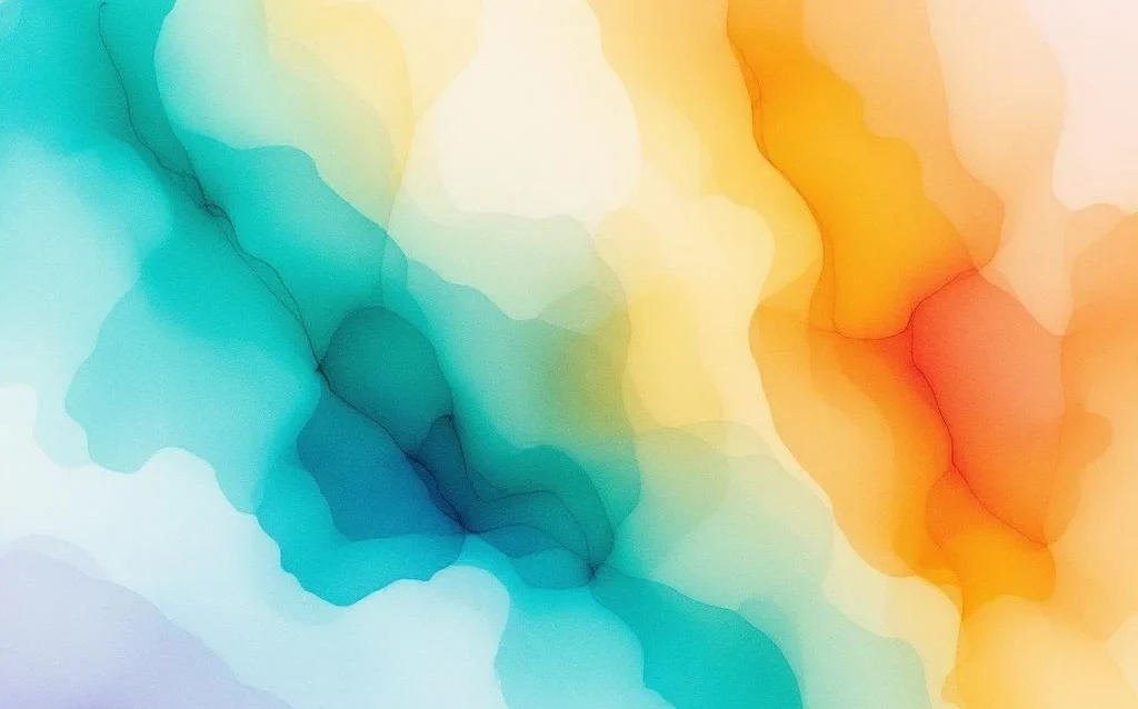 Abstraktes Aquarell mit fließenden Farbübergängen in Blau-, Orange- und Lilatönen, die Bewegung und Transformation zeigen