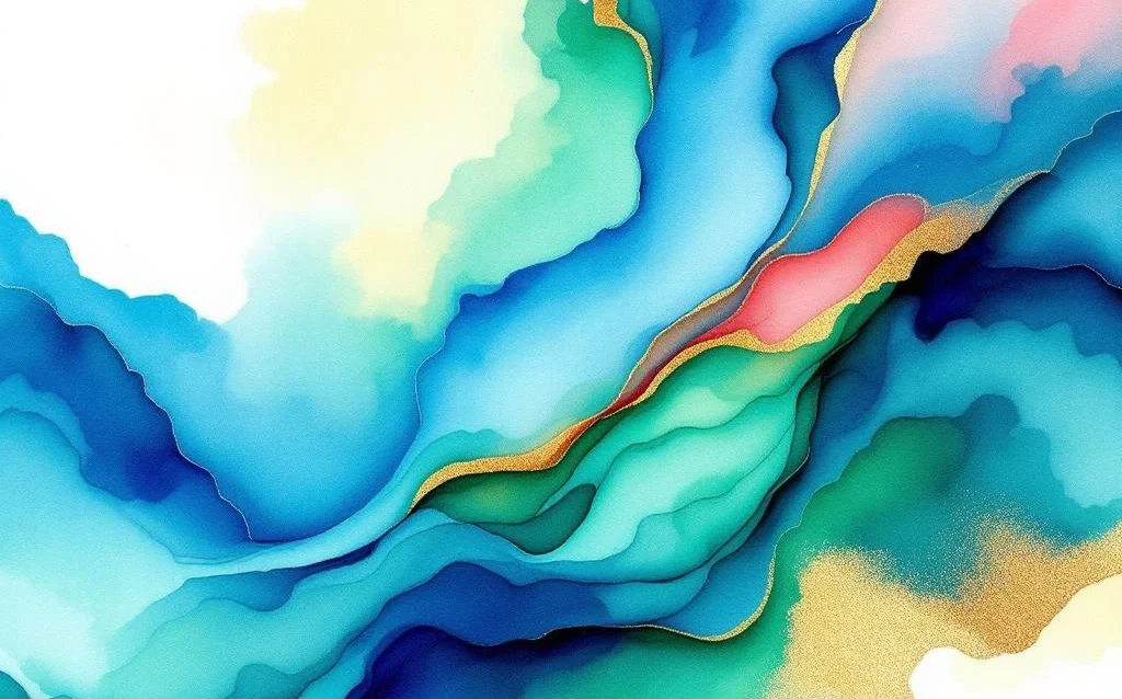 Abstraktes Aquarell mit fließenden Farbverläufen von Ozeanblau zu Smaragdgrün mit warmen Korall- und Goldtönen