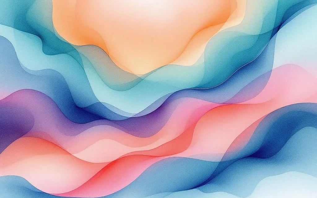Abstraktes Aquarell mit fließenden Farbübergängen von tiefem Blau und Türkis zu warmen Orange- und Korallentönen
