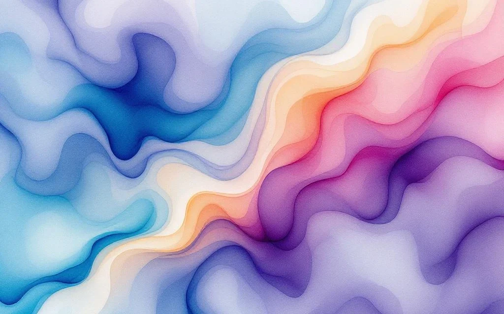 Abstrakte Aquarellmalerei mit fließenden blauen, violetten und orangen Farbverläufen in minimalistischem Stil