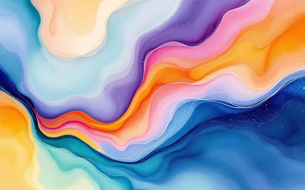 Abstrakte minimalistische Aquarellmalerei mit fließenden Farben in Blau, Orange, Gelb, Lila und Grün