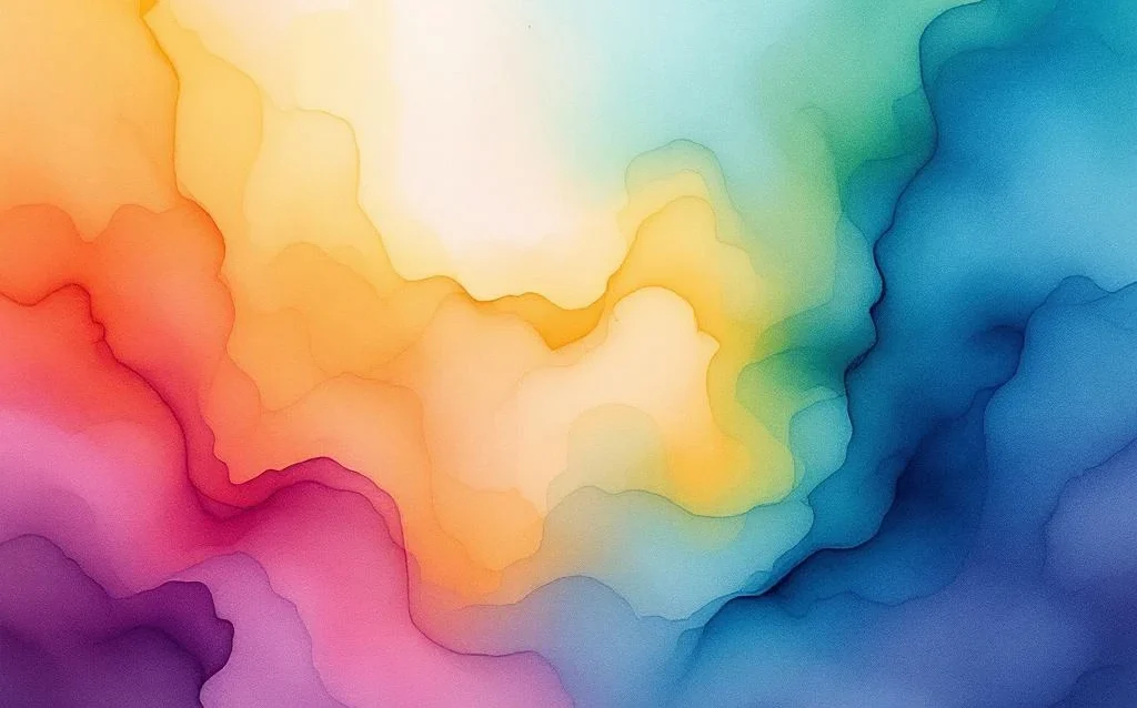 Abstraktes minimalistisches Aquarell mit fließenden Blau-, Orange- und Gelbtönen in harmonischen Farbverläufen