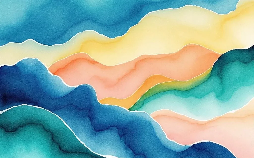 Abstrakte minimalistische Aquarellmalerei mit fließenden Farbverläufen von Ozeanblau zu Smaragdgrün mit goldgelben Akzenten