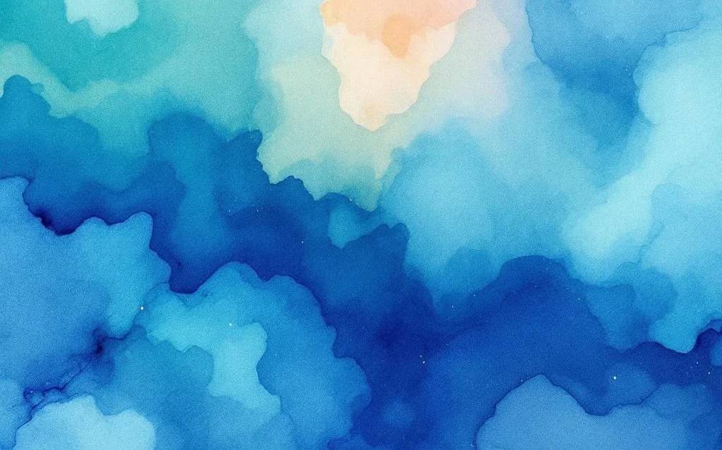 Abstraktes minimalistisches Aquarell mit fließenden Farben von Ozeanblau zu Türkis mit Korallen- und Goldtönen