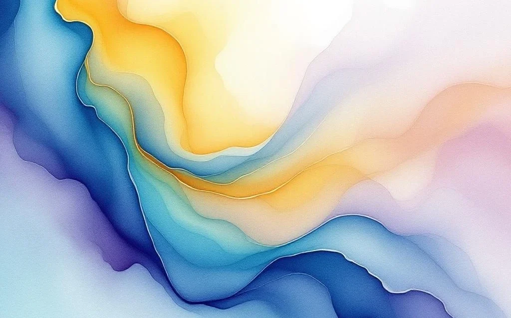 Abstrakte minimalistische Aquarellmalerei mit fließenden Farbverläufen in Ozeanblau, Türkis, Bernstein und Lavendel