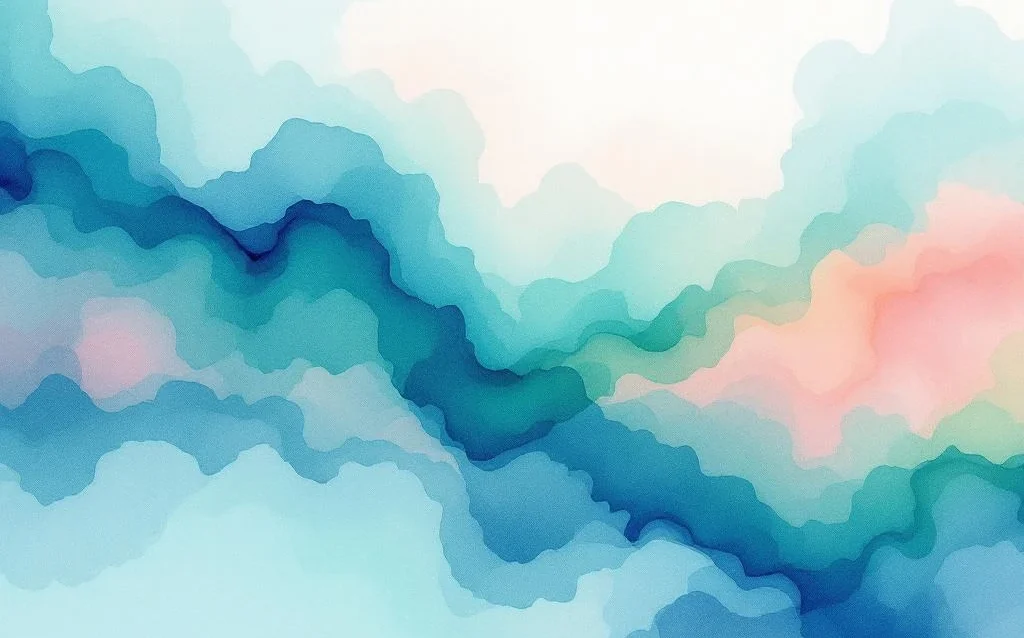 Abstrakte minimalistische Aquarellmalerei mit fließenden Farbverläufen von Ozeanblau zu Smaragdgrün mit Bernstein- und Koralltönen