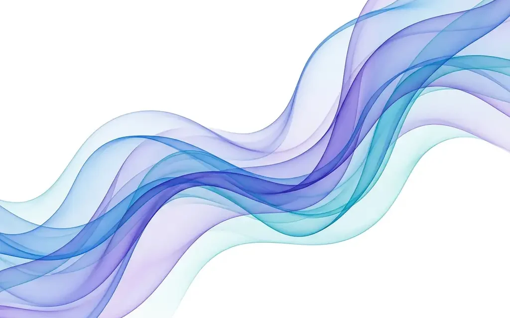 Halbtransparente Farbschleifen in Blau, Violett und Türkis fließen in organischen Wellen über weißem Hintergrund mit leuchtender Tiefe.