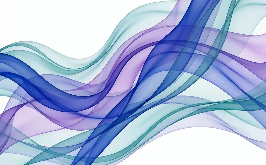 Abstrakte digitale Illustration mit transparenten Bändern in Kobaltblau, Violett und Türkis, die in fließenden Wellen über weißem Hintergrund schweben.